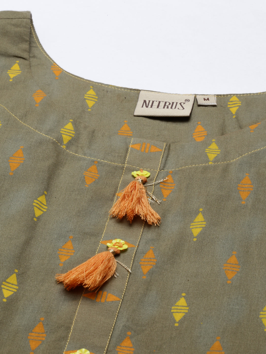 Neerus Green cotton printed kurti tunic - detail view 5