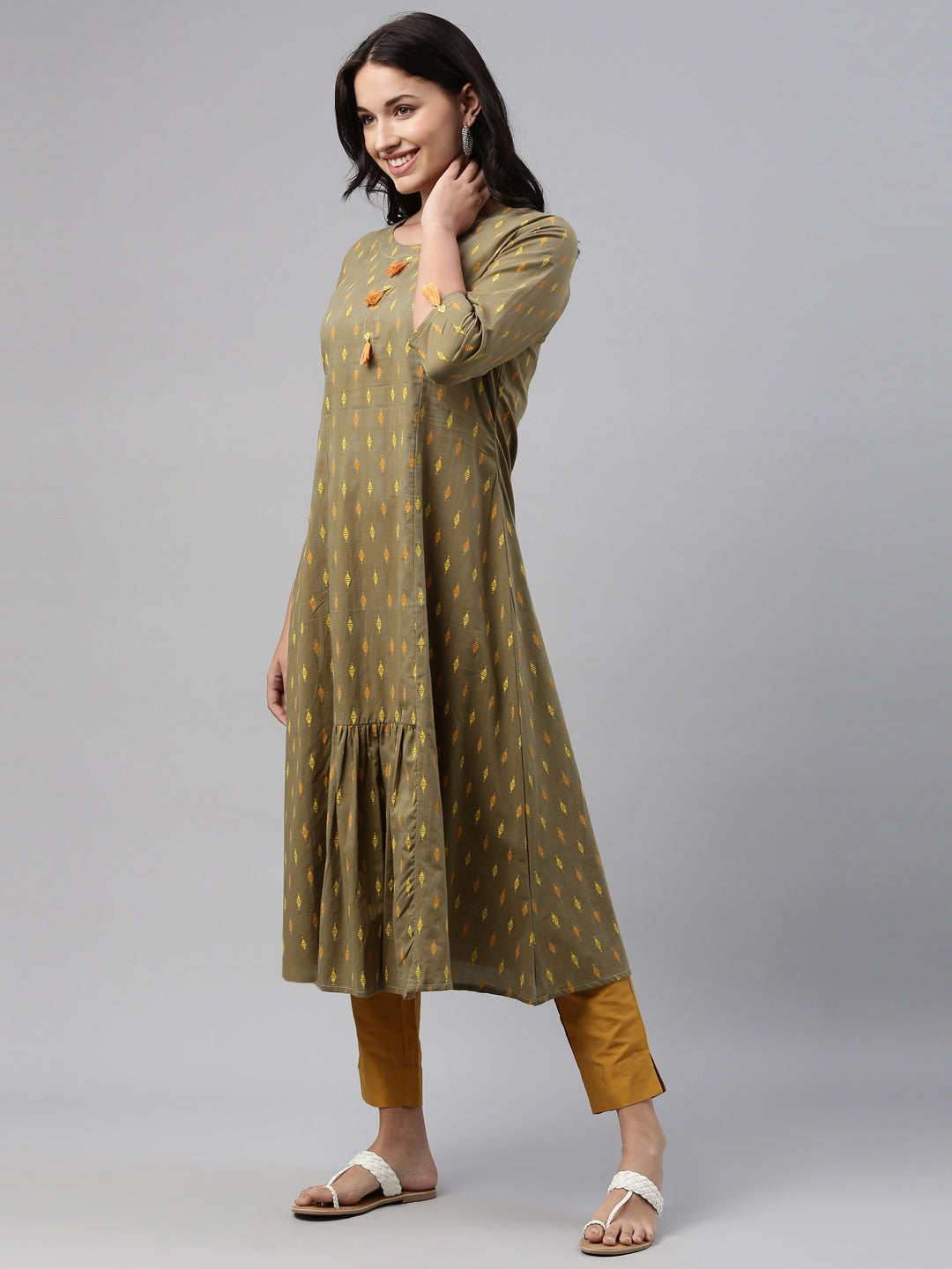 Neerus Green cotton printed kurti tunic - front view