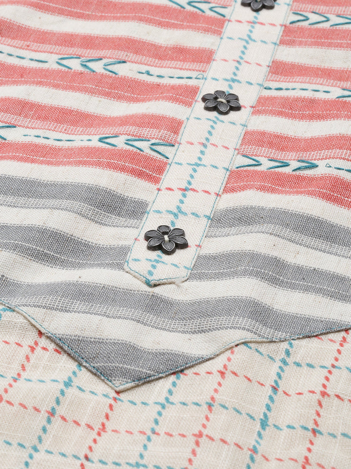 Neerus White cotton printed checked kurti - detail view 5