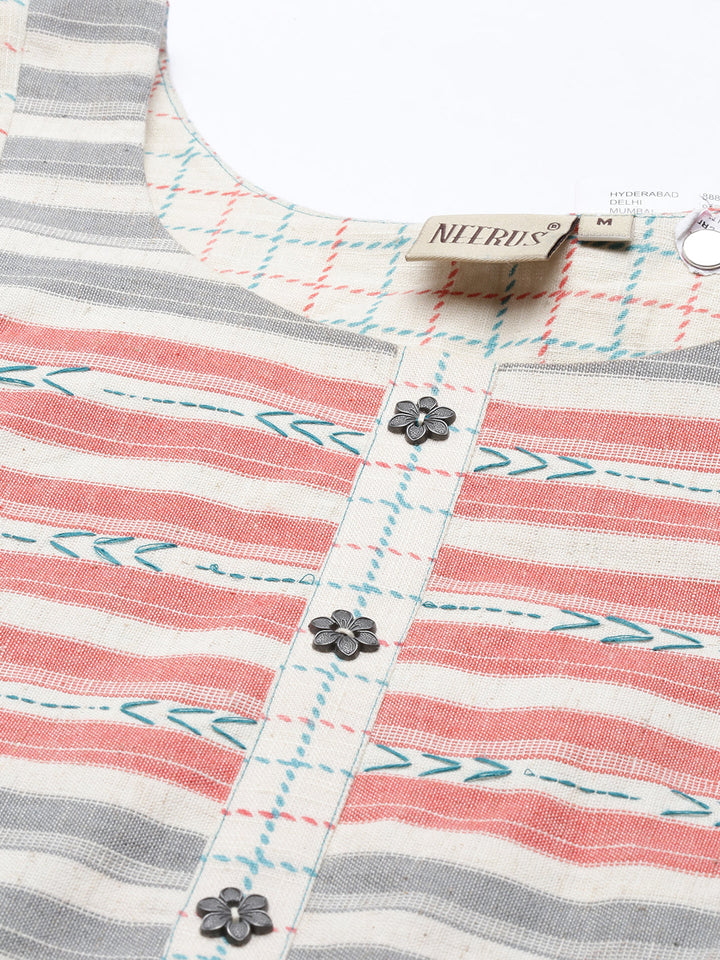 Neerus White cotton printed checked kurti - back view