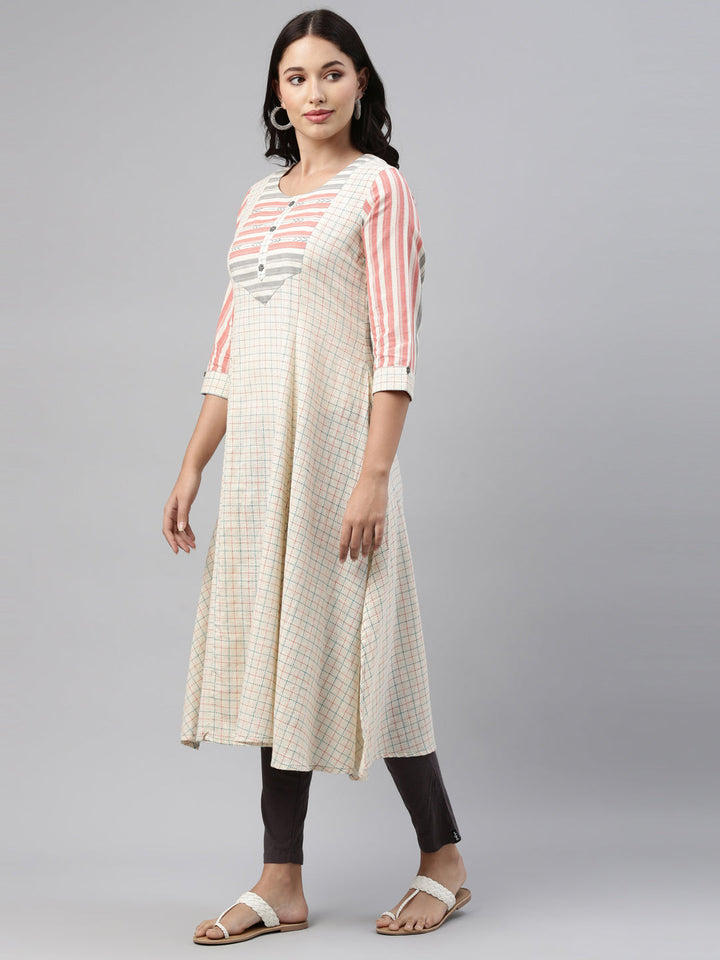 Neerus White cotton printed checked kurti - front view