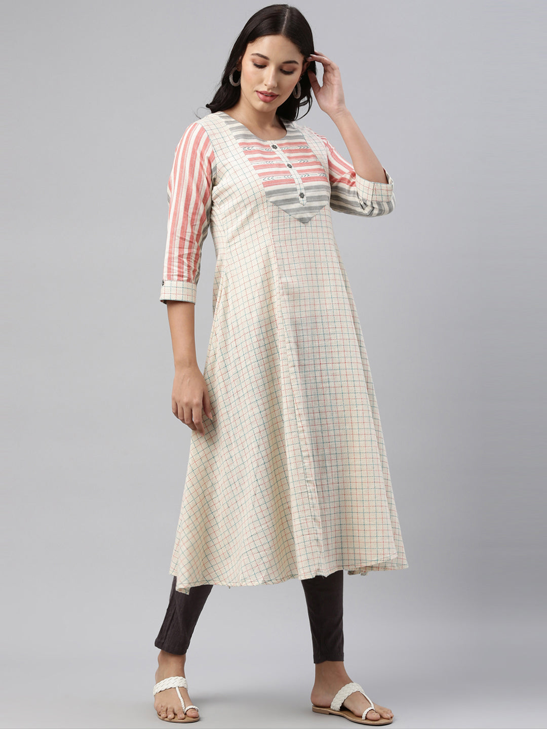 Neerus White cotton printed checked kurti - detail view 1