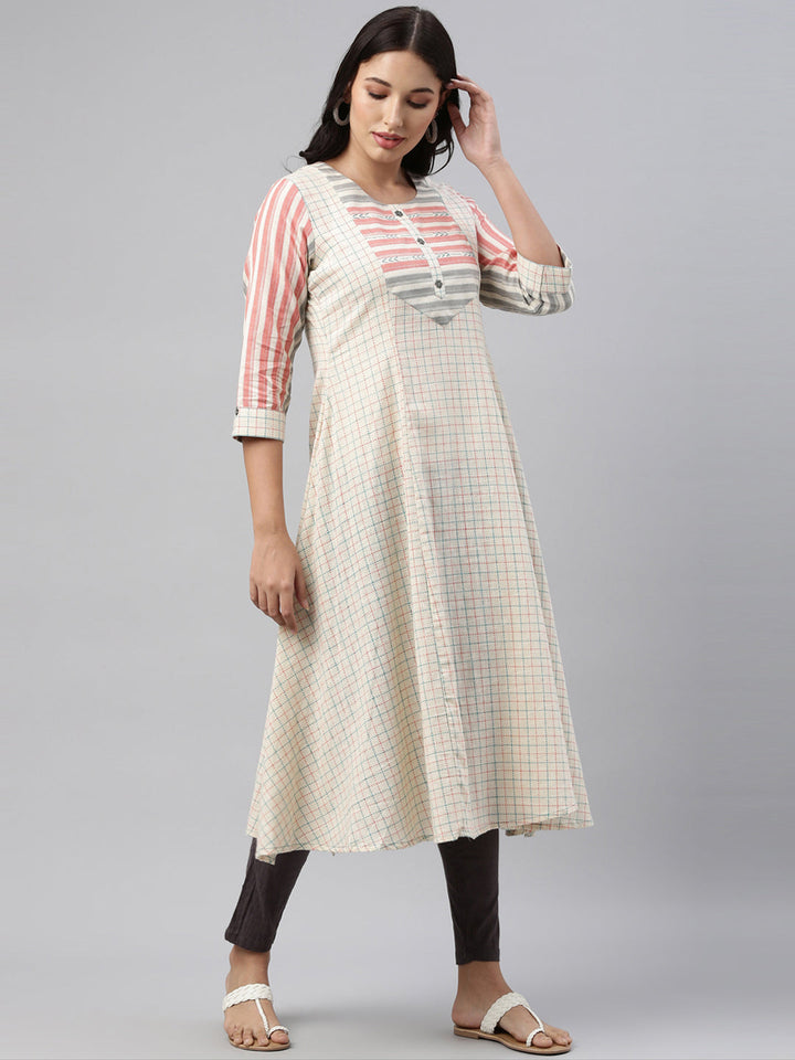Neerus White cotton printed checked kurti - detail view 1