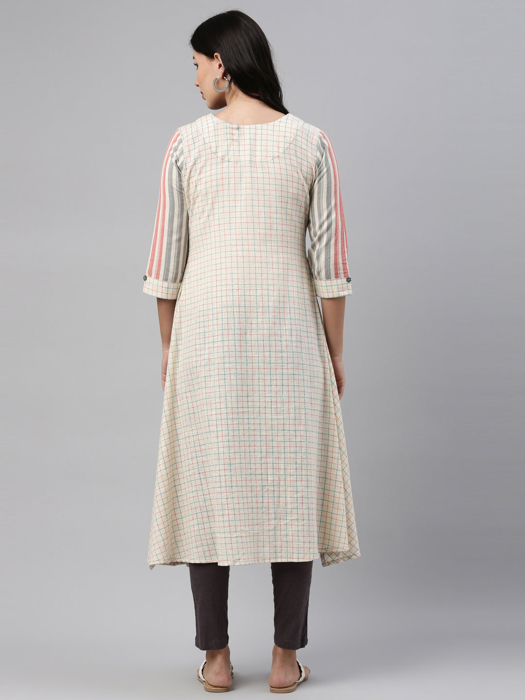 Neerus White cotton printed checked kurti - detail view 2