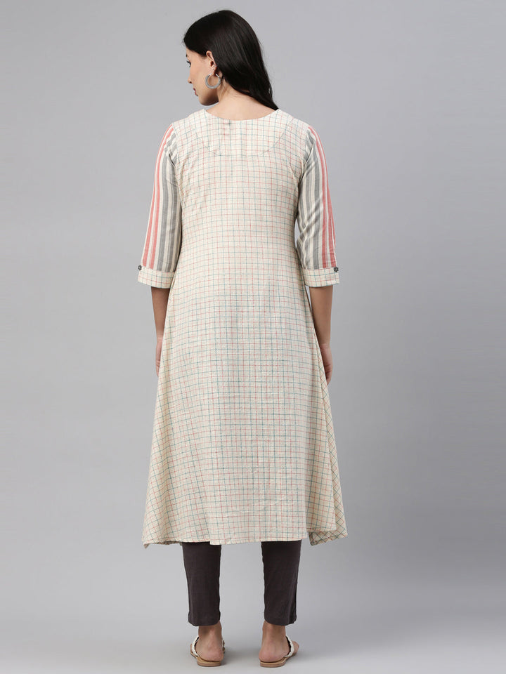 Neerus White cotton printed checked kurti - detail view 2