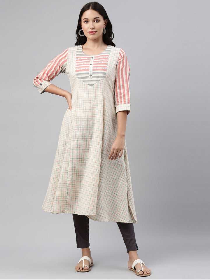 Neerus White cotton printed checked kurti - detail view 3