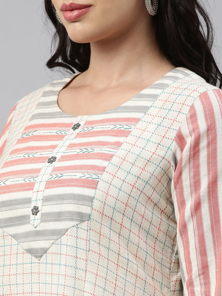 Neerus White cotton printed checked kurti - detail view 4