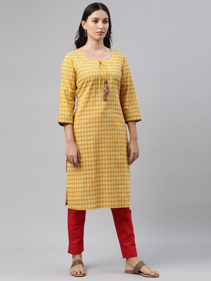 Neerus Yellow printed straight kurta for women - detail view 1