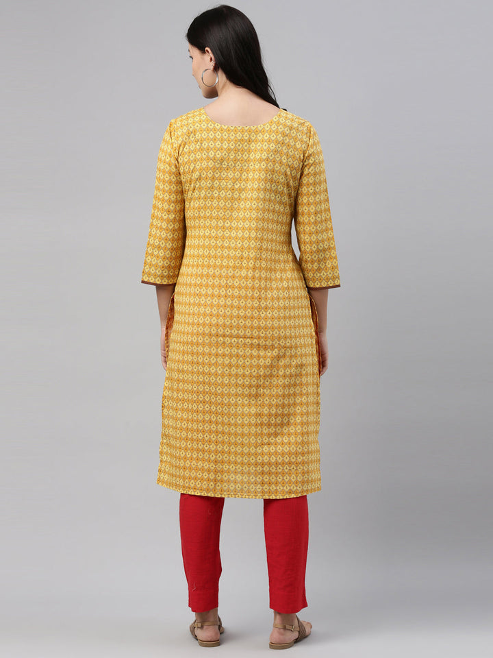Neerus Yellow printed straight kurta for women - detail view 2