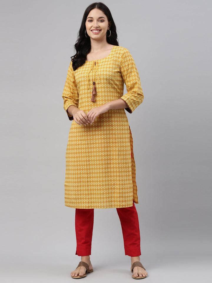 Neerus Yellow printed straight kurta for women - front view