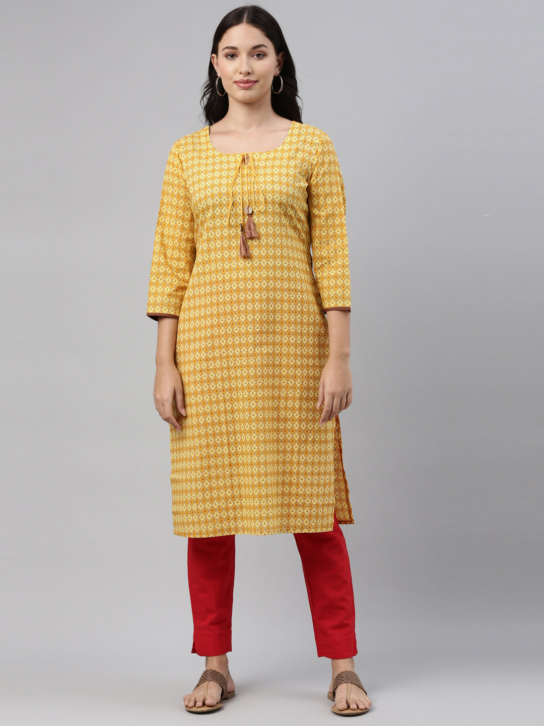 Neerus Yellow printed straight kurta for women - detail view 4