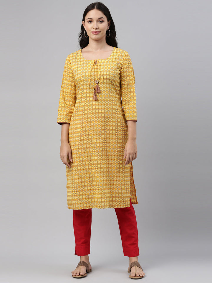 Neerus Yellow printed straight kurta for women - detail view 4
