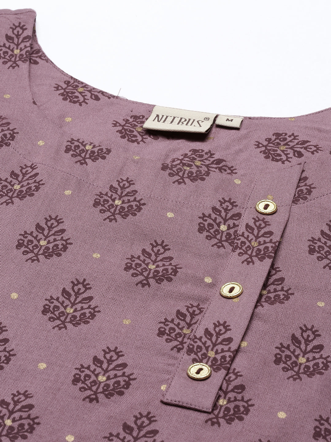 Neerus Pink cotton printed A-line kurti asymmetric hem - detail view 5