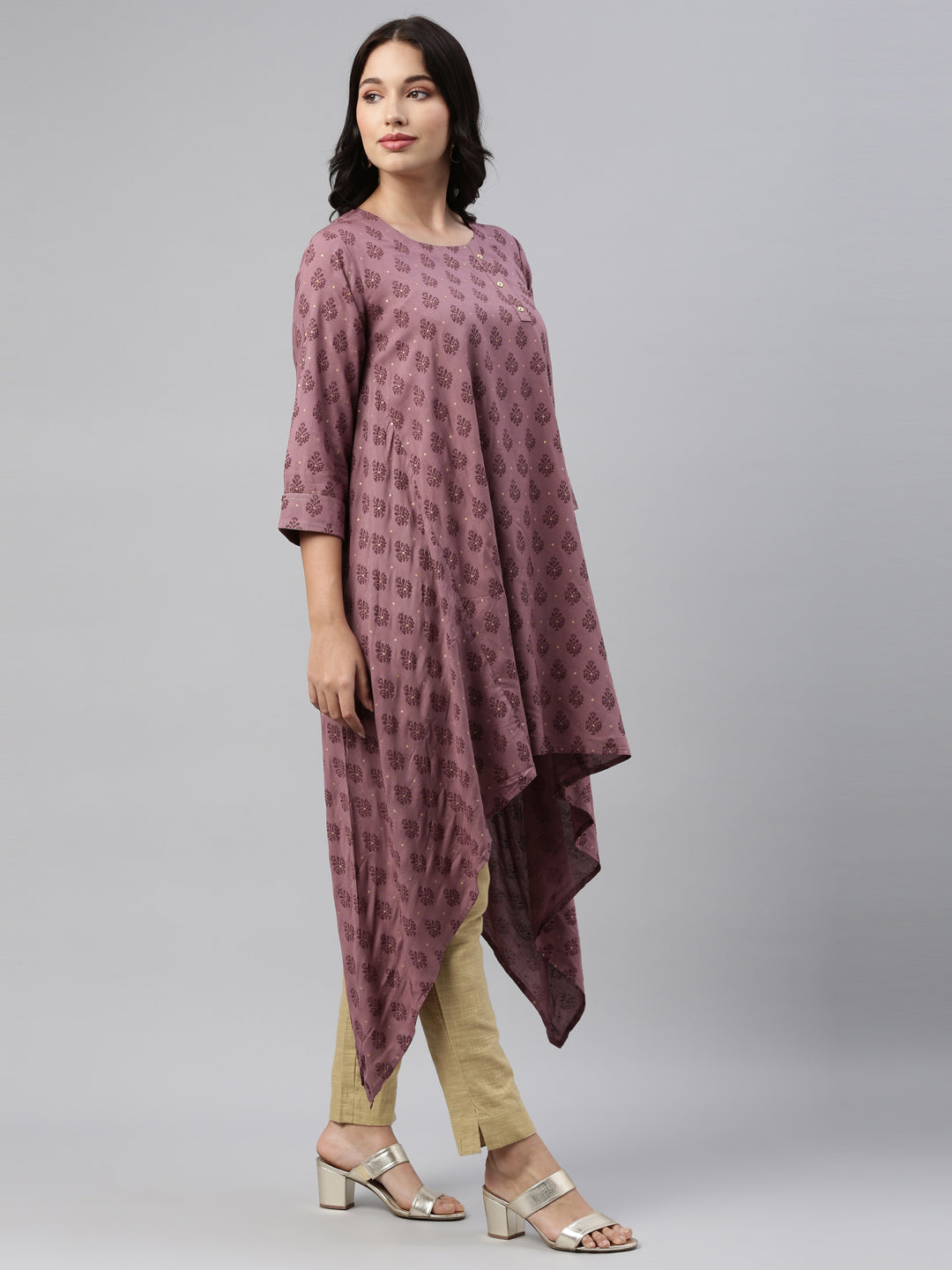 Neerus Pink cotton printed A-line kurti asymmetric hem - detail view 1