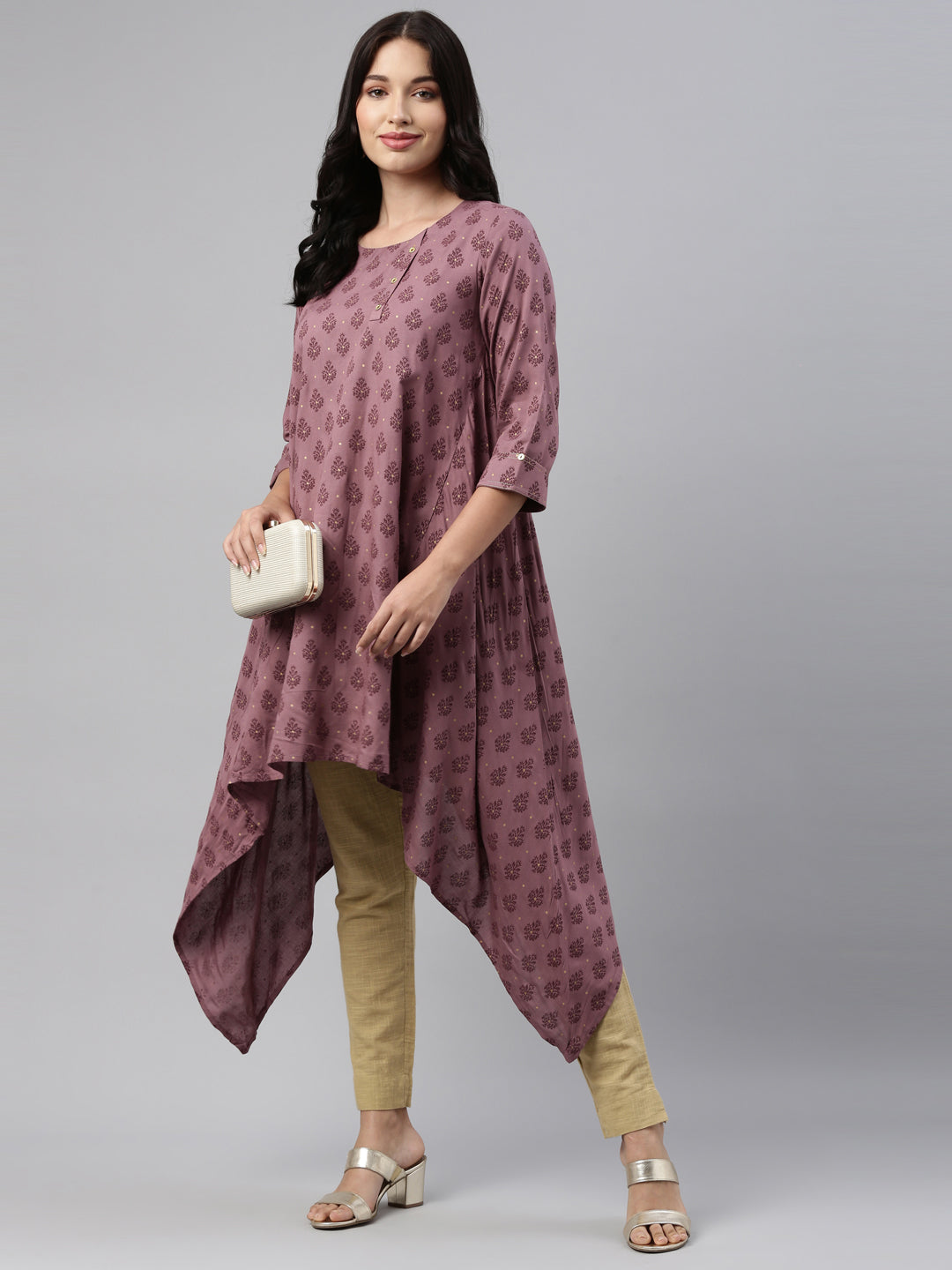 Neerus Pink cotton printed A-line kurti asymmetric hem - front view