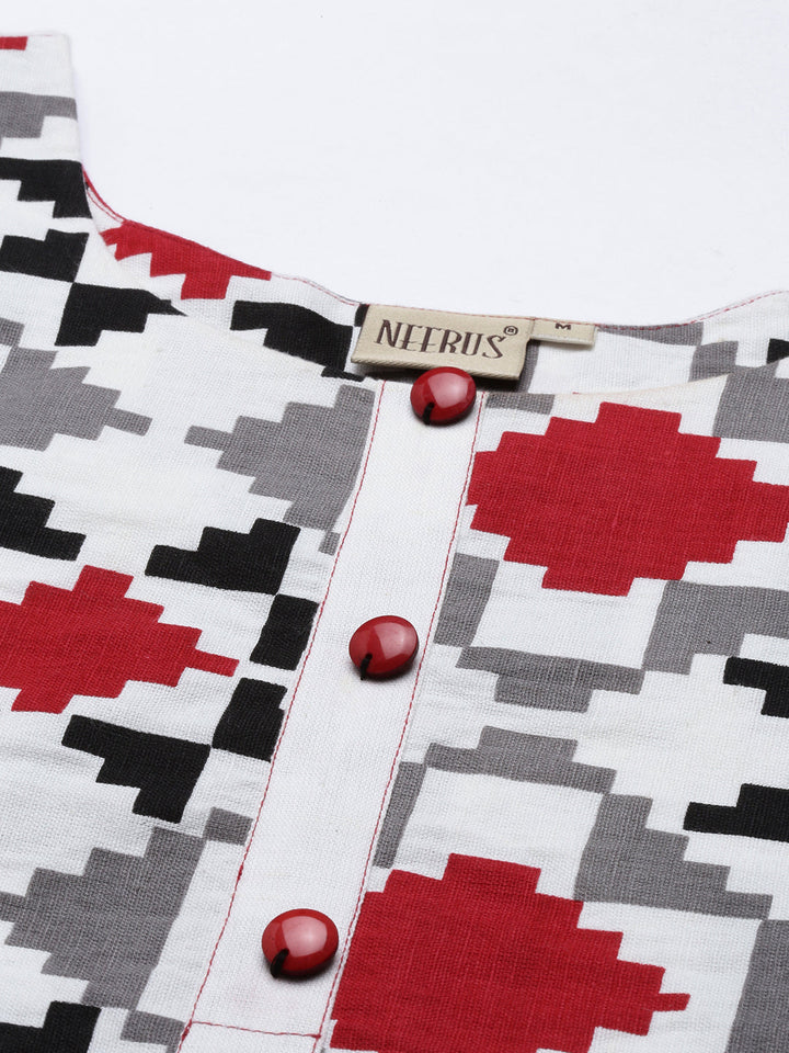 Neerus Black slub cotton straight kurti - detail view 5