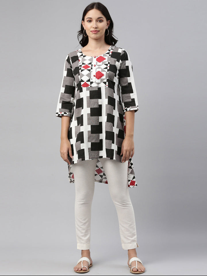 Neerus Black slub cotton straight kurti - detail view 4