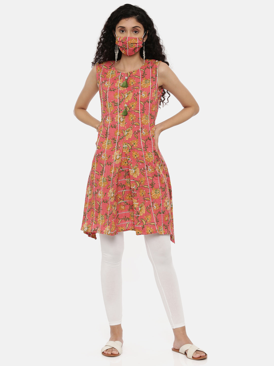 Neerus Pink cotton printed A-line kurti - front view