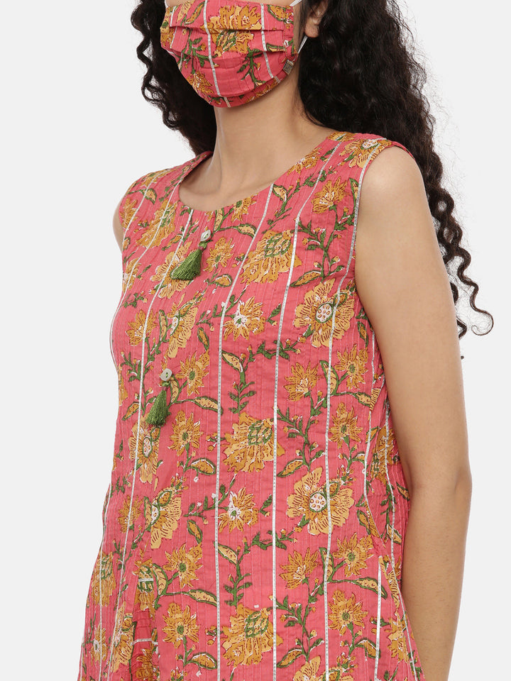 Neerus Pink cotton printed A-line kurti - back view