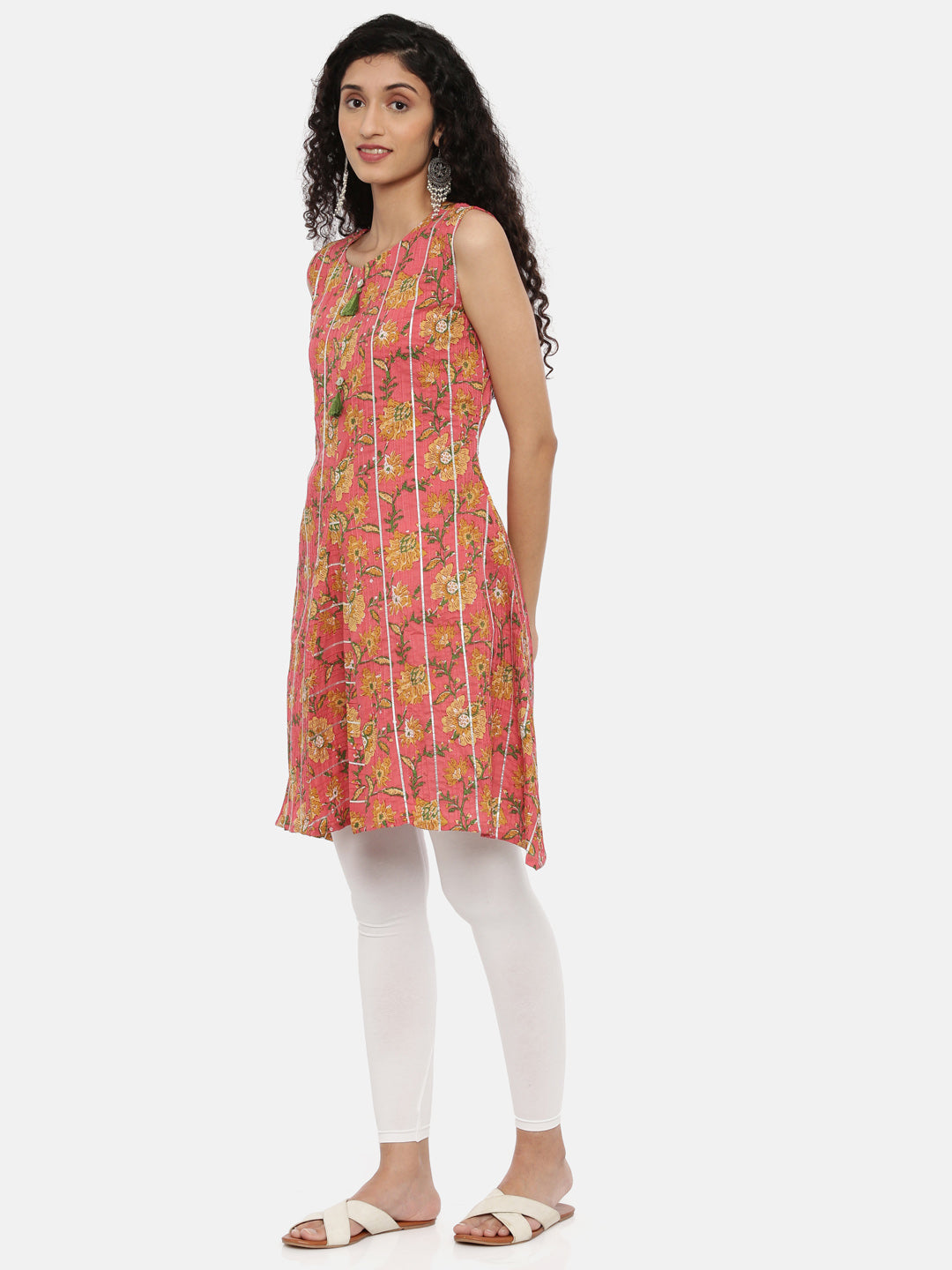 Neerus Pink cotton printed A-line kurti - side view