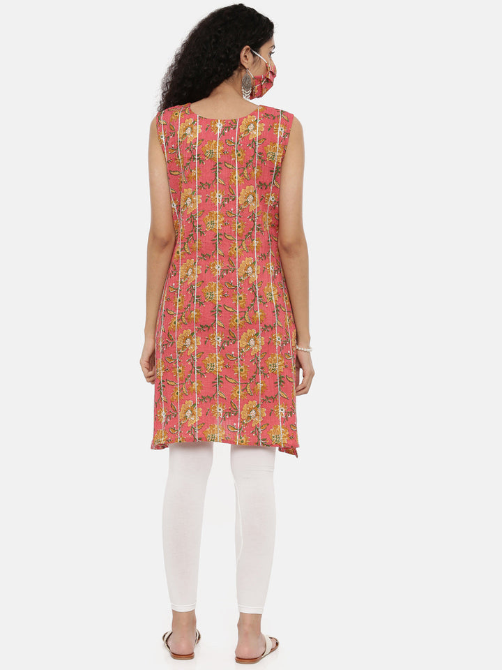 Neerus Pink cotton printed A-line kurti - detail view 1