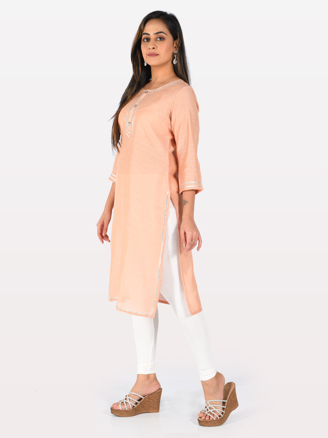 Neerus Orange cotton straight kurta - detail view 2