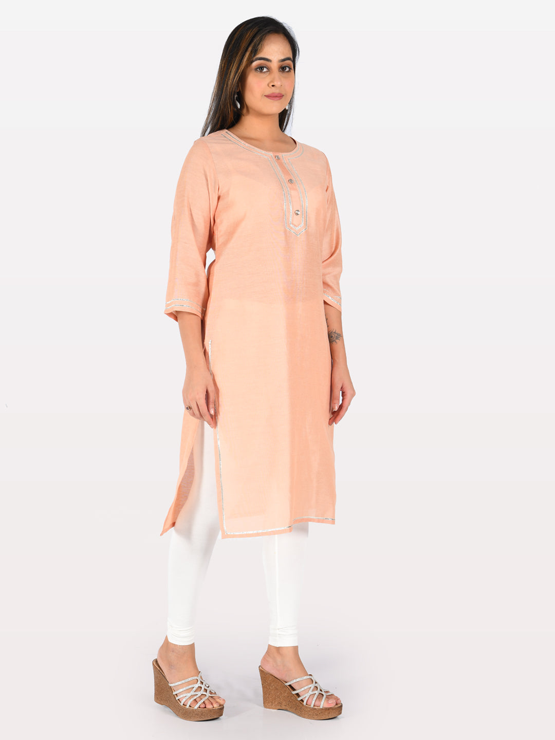 Neerus Orange cotton straight kurta - front view