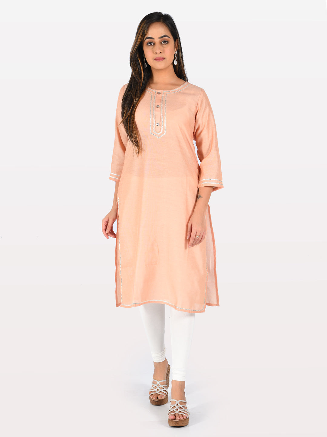 Neerus Orange cotton straight kurta - detail view 1