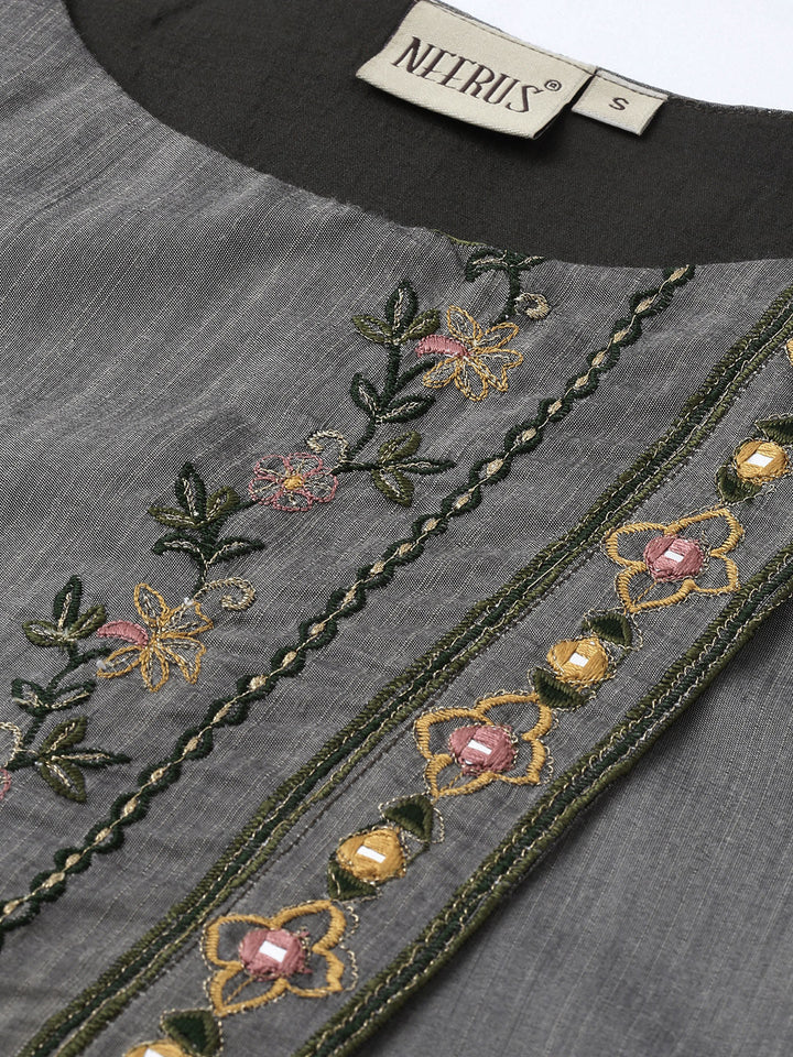 Neerus Grey rayon embroidered A-line kurta - back view