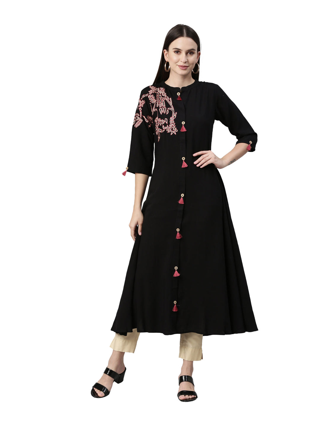 Neerus Black rayon straight kurta - front view