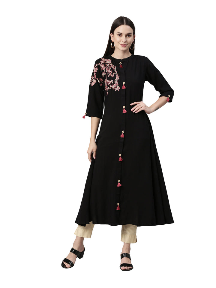 Neerus Black rayon straight kurta - front view