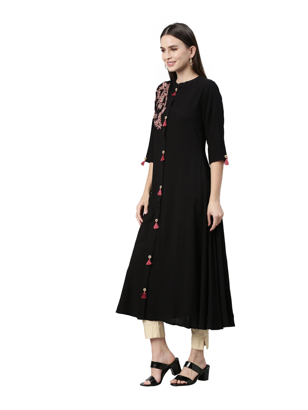 Neerus Black rayon straight kurta - side view