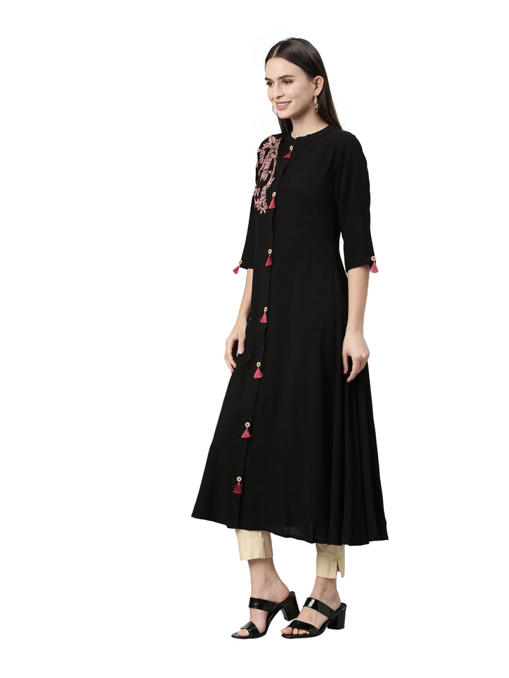 Neerus Black rayon straight kurta - side view