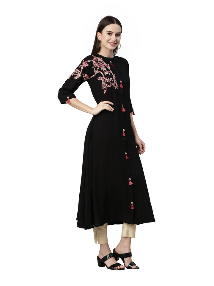 Neerus Black rayon straight kurta - detail view 1