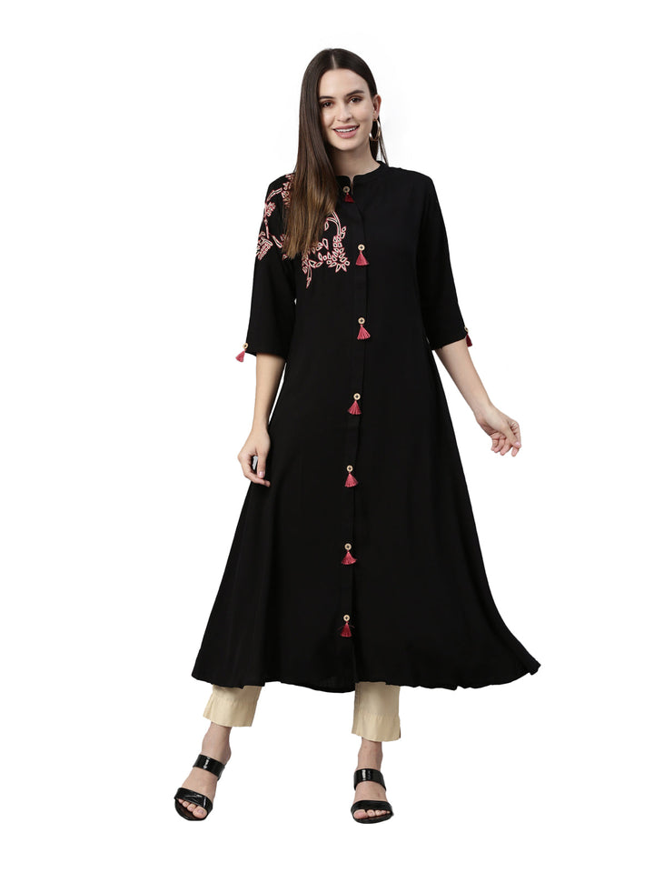 Neerus Black rayon straight kurta - detail view 3