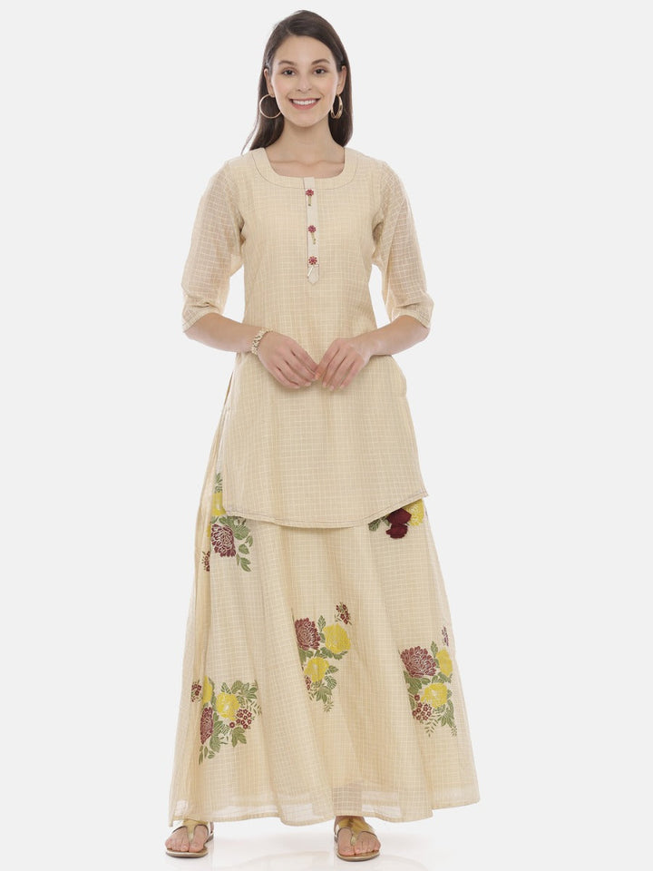 Neerus Beige cotton printed straight kurta - front view