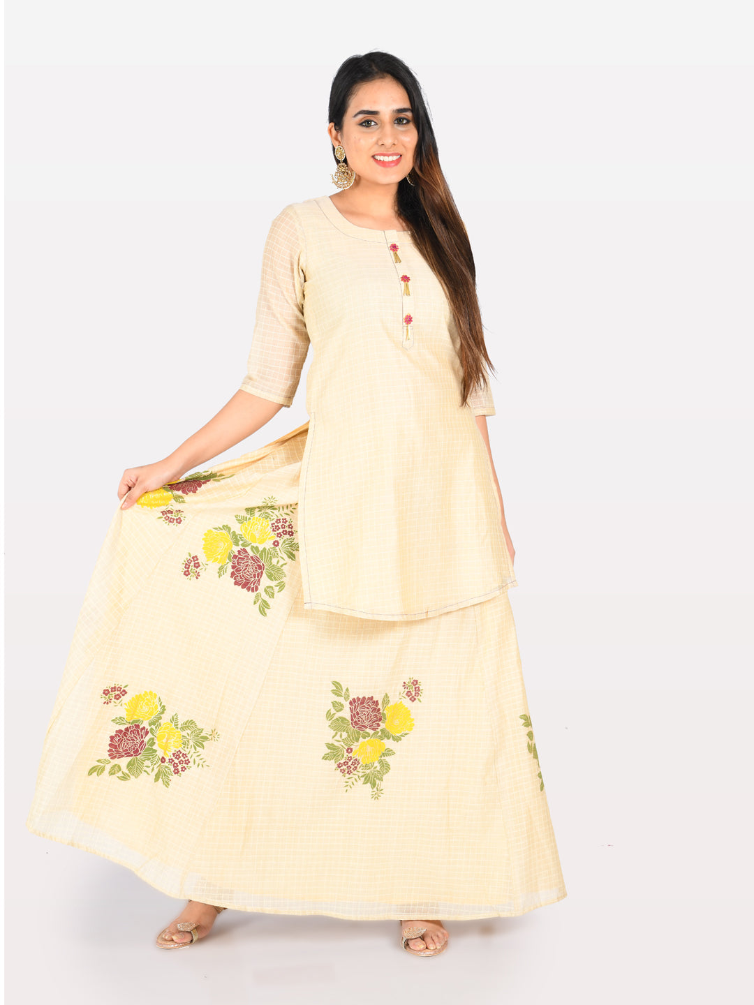 Neerus Beige cotton printed straight kurta - detail view 5