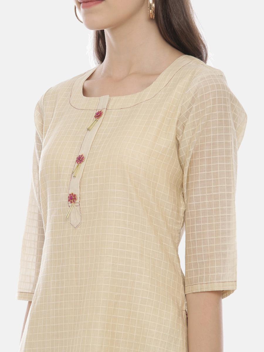 Neerus Beige cotton printed straight kurta - back view