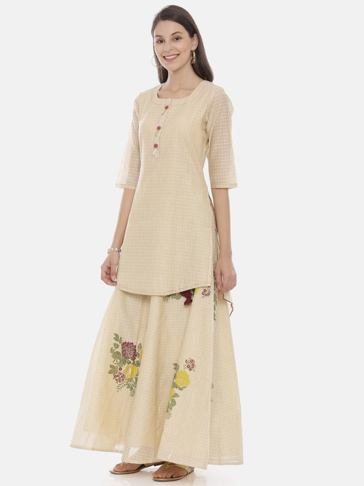 Neerus Beige cotton printed straight kurta - side view