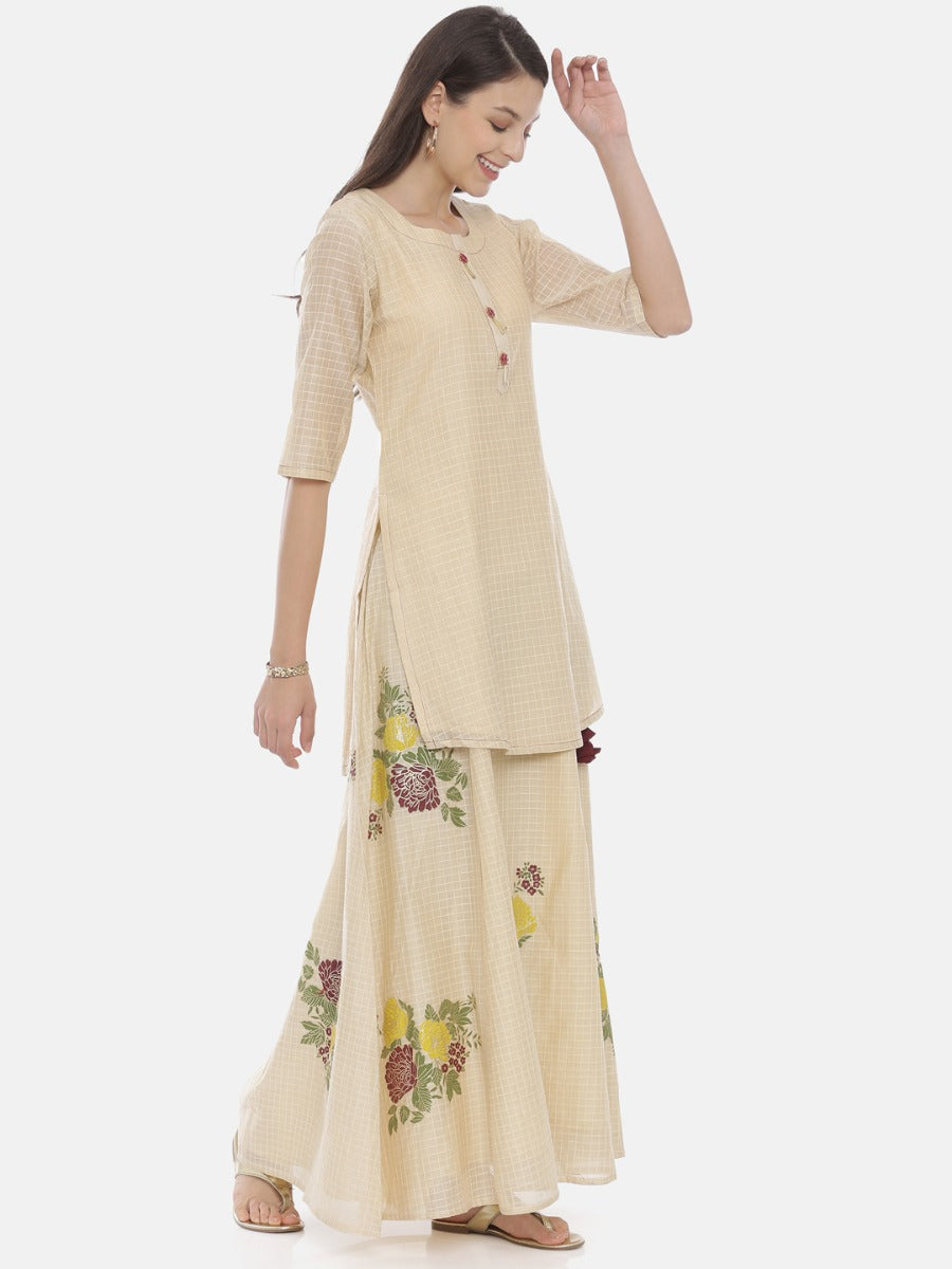 Neerus Beige cotton printed straight kurta - detail view 1