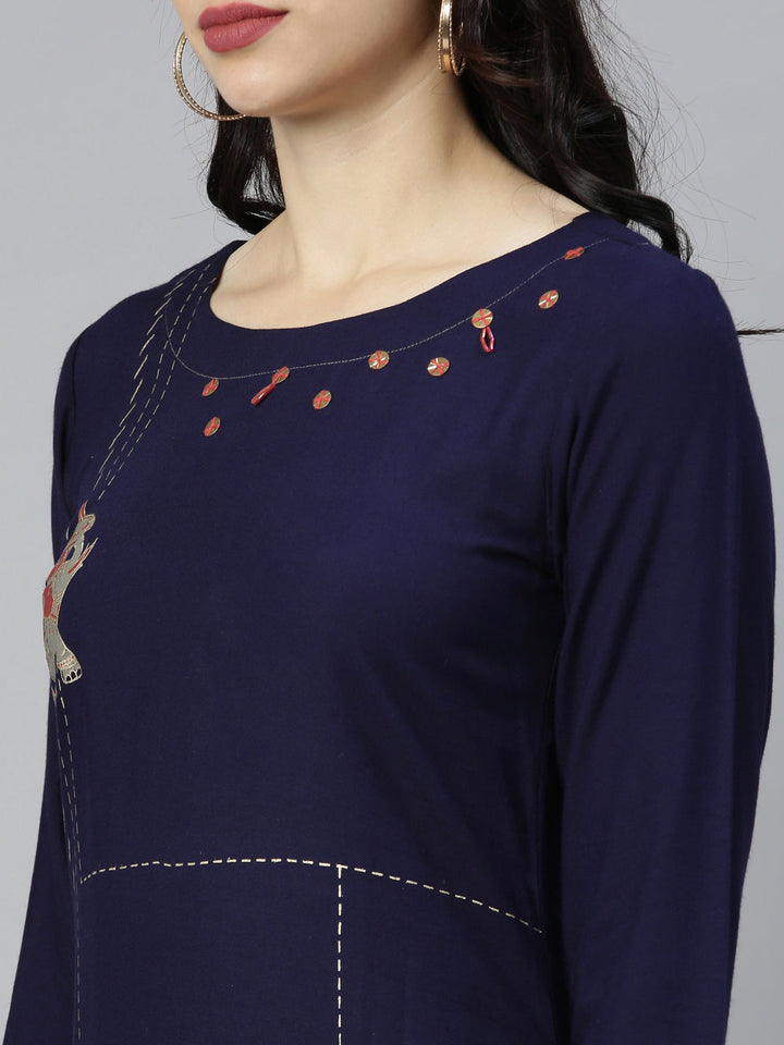 Neerus Blue viscose rayon printed straight kurta - detail view 1