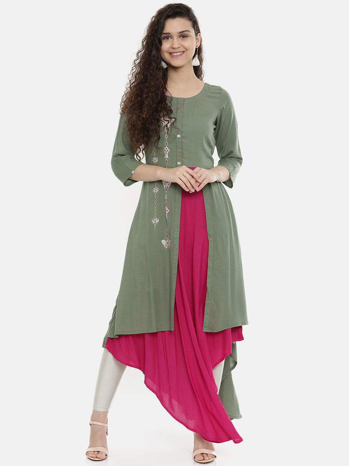 Neerus Grey rayon printed A-line asymmetric layered kurta - front view