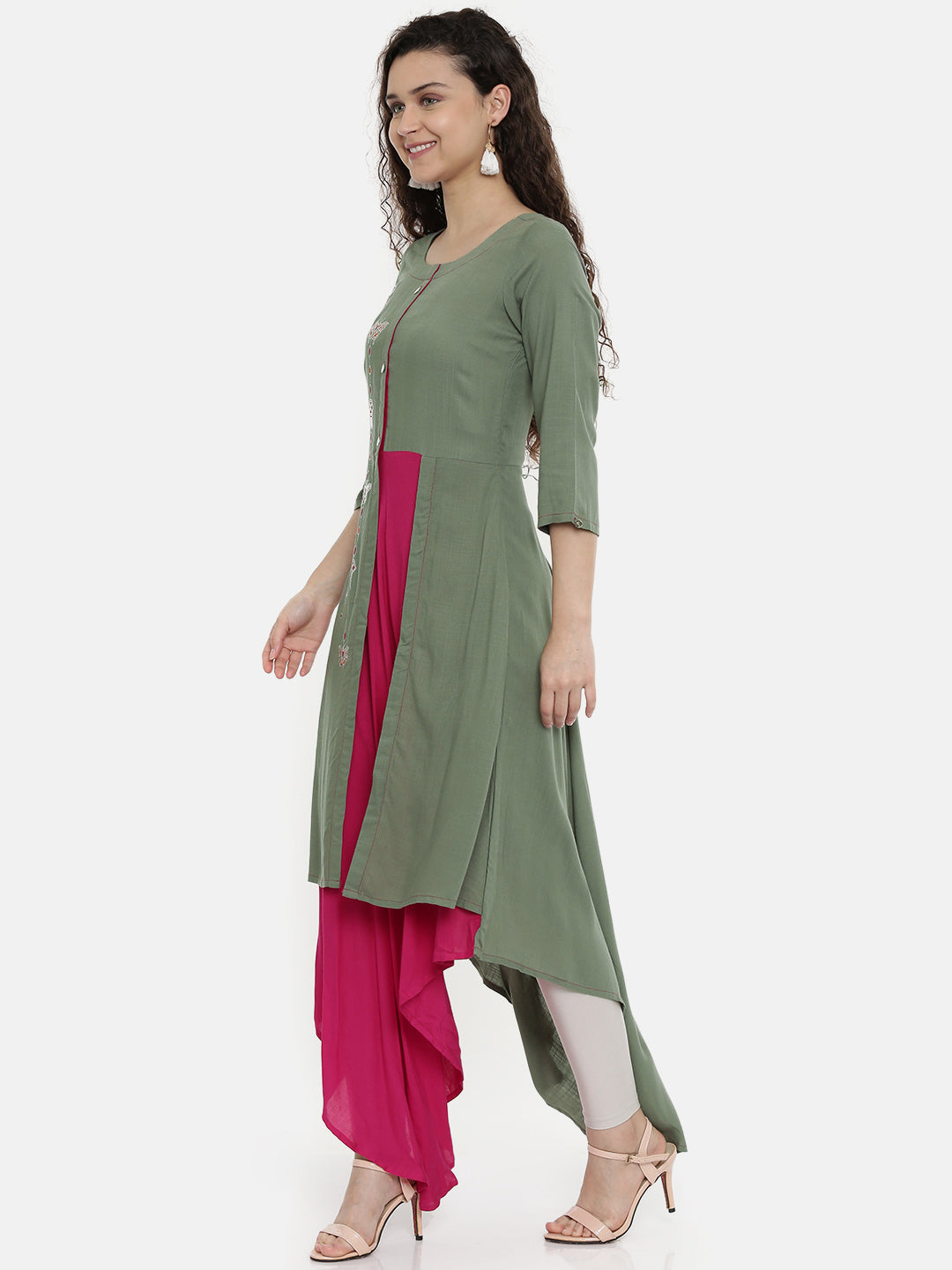 Neerus Grey rayon printed A-line asymmetric layered kurta - side view
