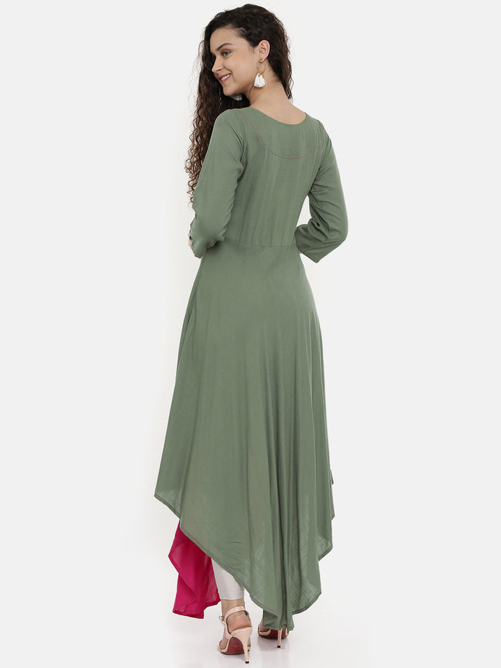 Neerus Grey rayon printed A-line asymmetric layered kurta - detail view 1