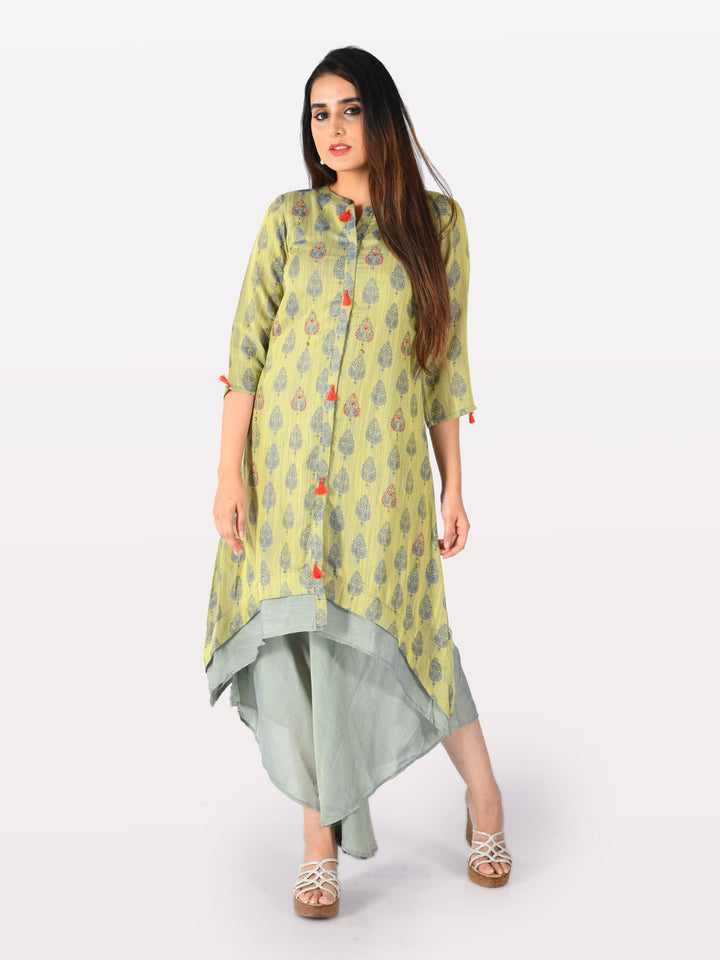 Neerus Green silk printed high-low layered kurta - detail view 2