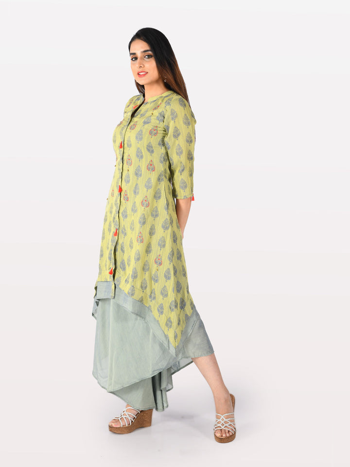 Neerus Green silk printed high-low layered kurta - front view