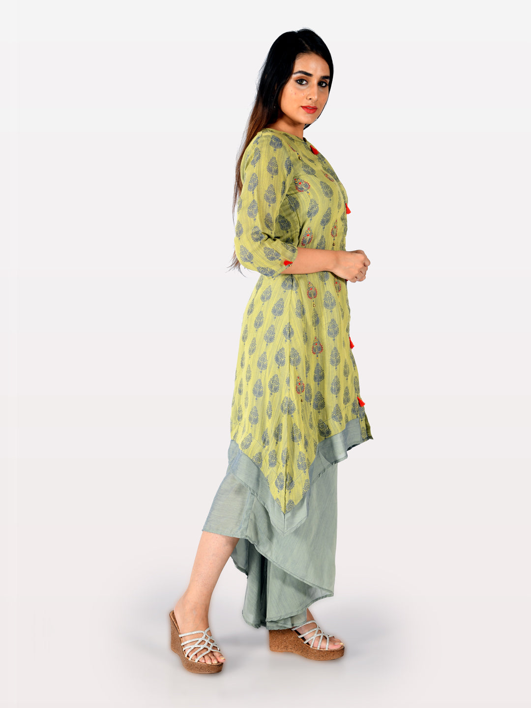 Neerus Green silk printed high-low layered kurta - back view
