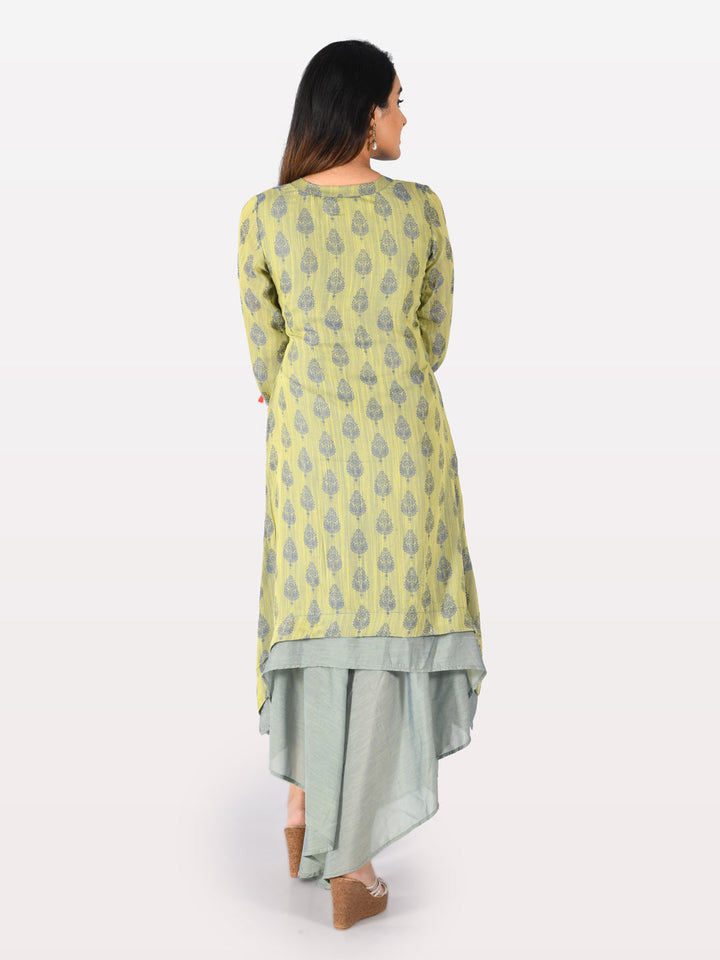 Neerus Green silk printed high-low layered kurta - side view