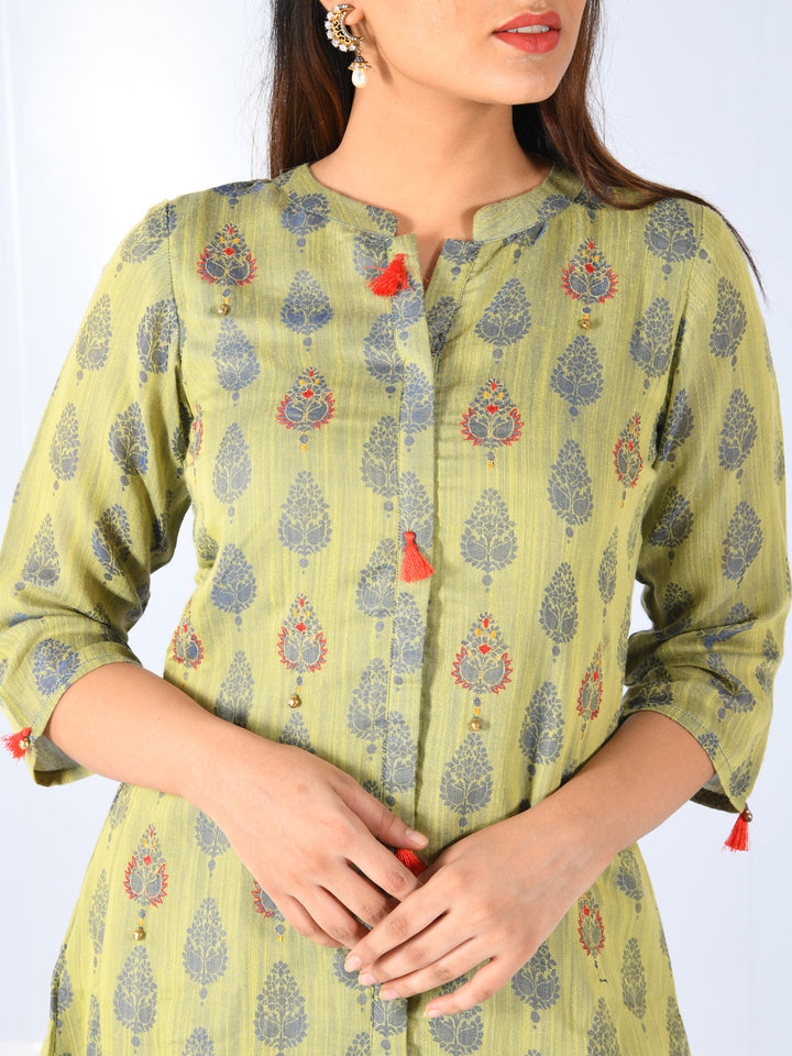Neerus Green silk printed high-low layered kurta - detail view 1
