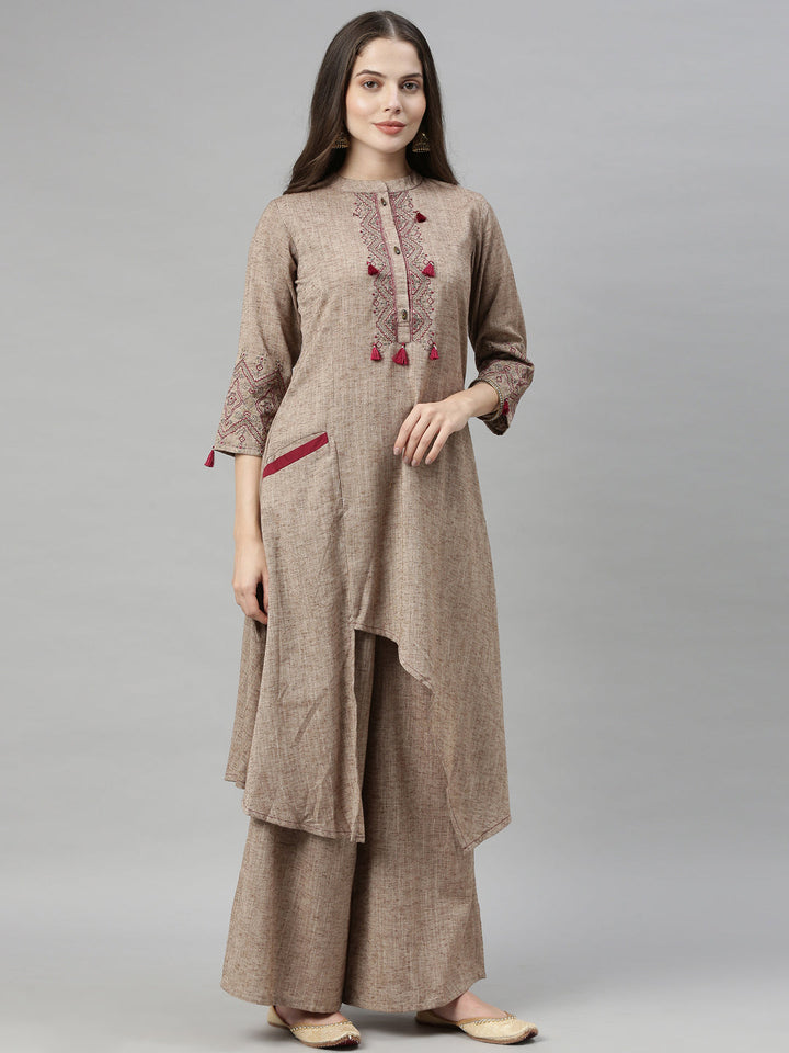 Neerus Beige rayon printed kurta set - front view